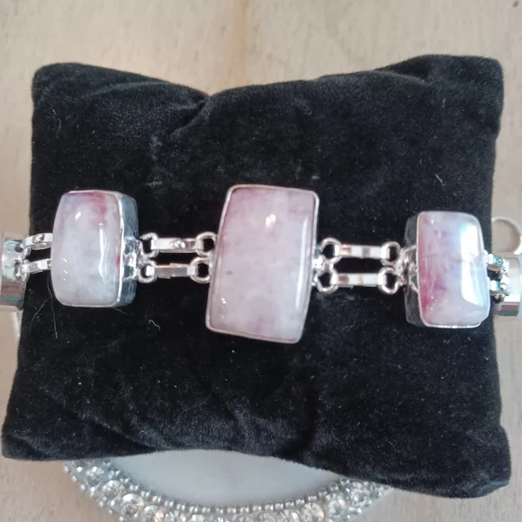 Rainbow Moonstone Silver Link Rectangle Teardrop Adjustable Bracelet - Picture 2 of 12